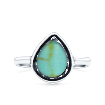 Petite Dainty Pear Simulated Turquoise Ring Solid Oxidized 925 Sterling Silver